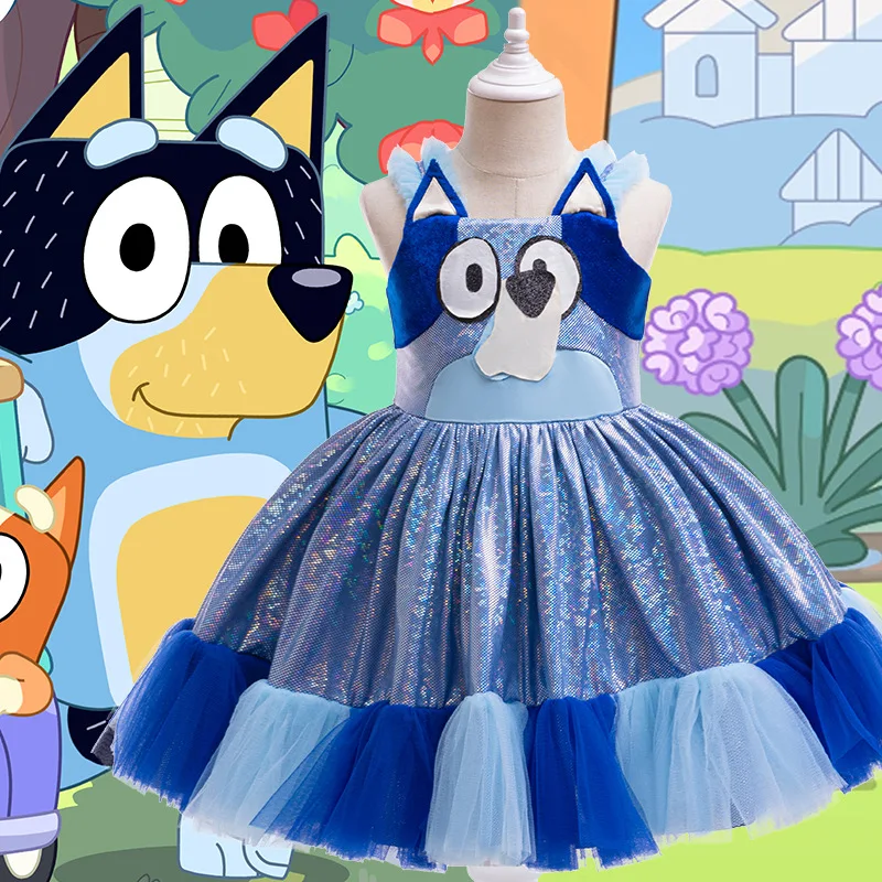 Nuovo Anime Bluey Carino Abbigliamento per bambini Abito a blocchi di colore Prestazioni per bambini Abito a sbuffo Ragazza Abito squisito Regalo di compleanno