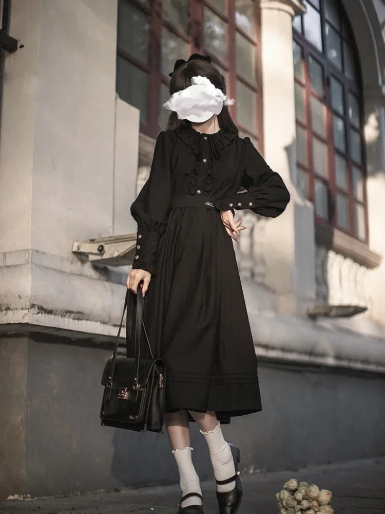 Japonês retro elegante babados gola boneca manga longa cintura alta bordado rendas magro a linha lolita vestido longo feminino primavera