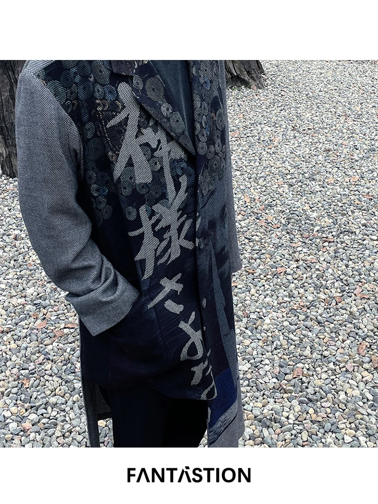 

FANTASTION Original design portrait printing jacket Asymmetrical suit coat long jackets x-long suit jackets Casual coat tops