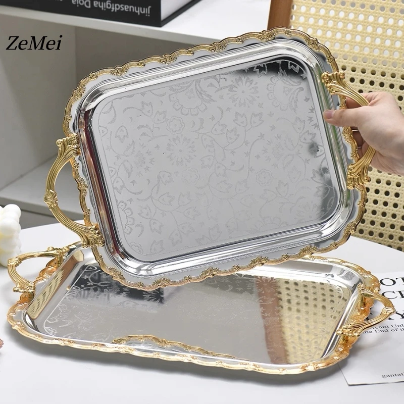 Middle East-Style Rectangle Dessert Plate,Portable Polishing Platinum Metal Fruit Tray, Cake Storage Plate Home Decoration