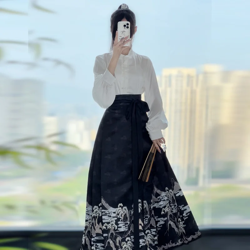 Dinastia Hanfu Ming Cavalo Face Saia Mulheres Plissados Saia Preto Azul Vermelho Camisa + Saia Define Chinês Tradicional Hanfu Saia Plus Size