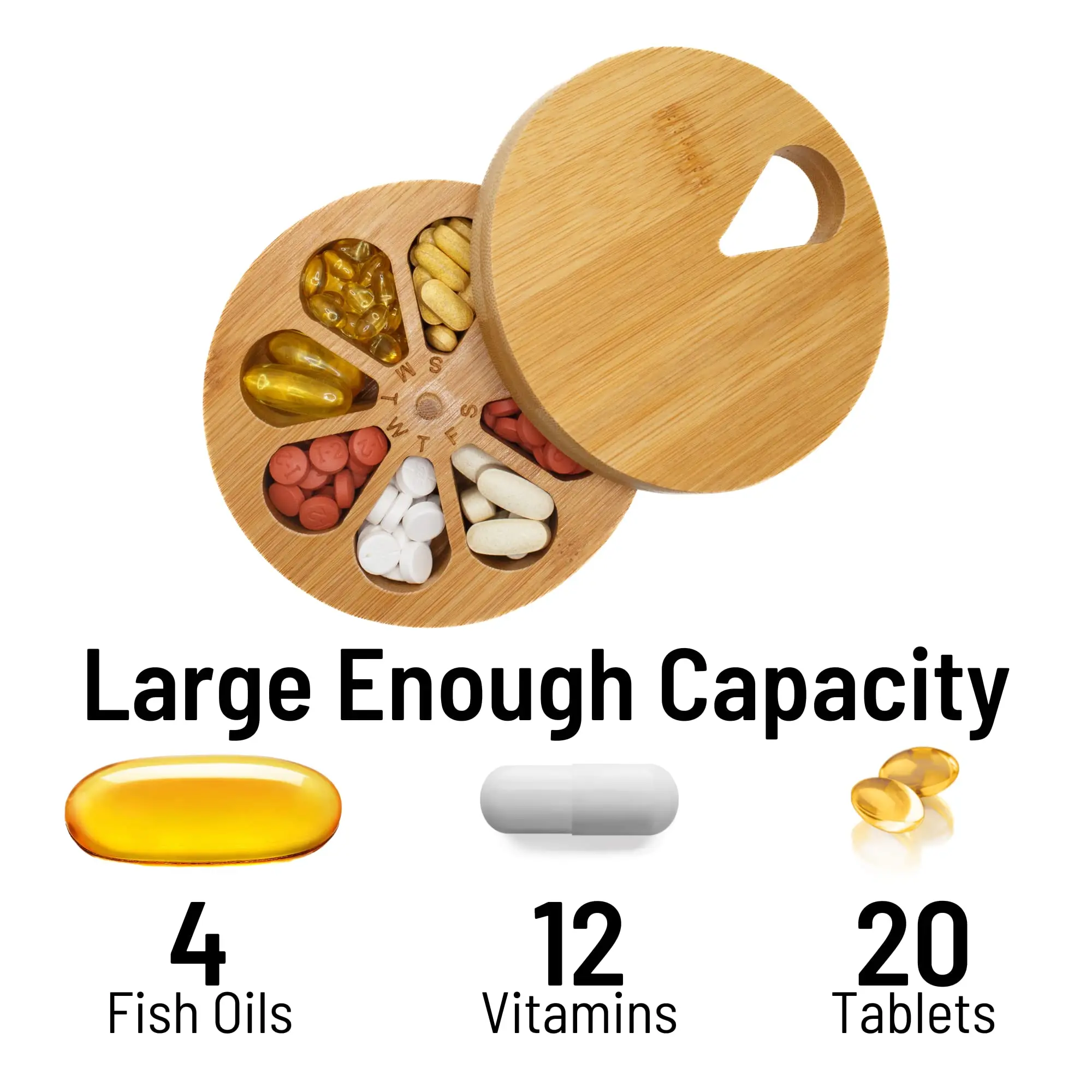 Wood Pill Box Daily Weekly Vitamin 7 Grids Medicine Organizer Case Compartment Dispenser Storage Travel Drugs Container Holder