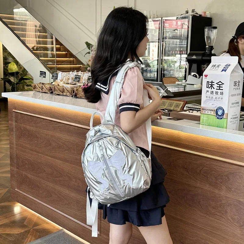 Fashion Bow Embroidered Backpack Niche Design Silver Student Backpack Embroidered Bow Cloud Travel Bag Women Commuting Bag Gift