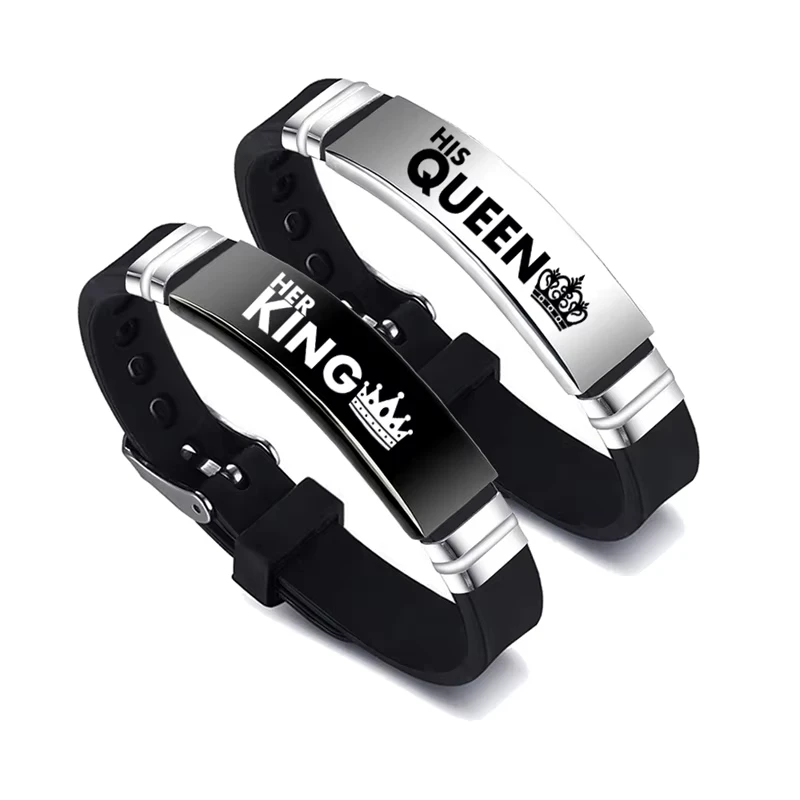 2Pcs/Set His Queen Her King Couple Minimalist Bracelet Stainless Steel Adjustable Silicone Strap Bangle Valentine's Day Gift