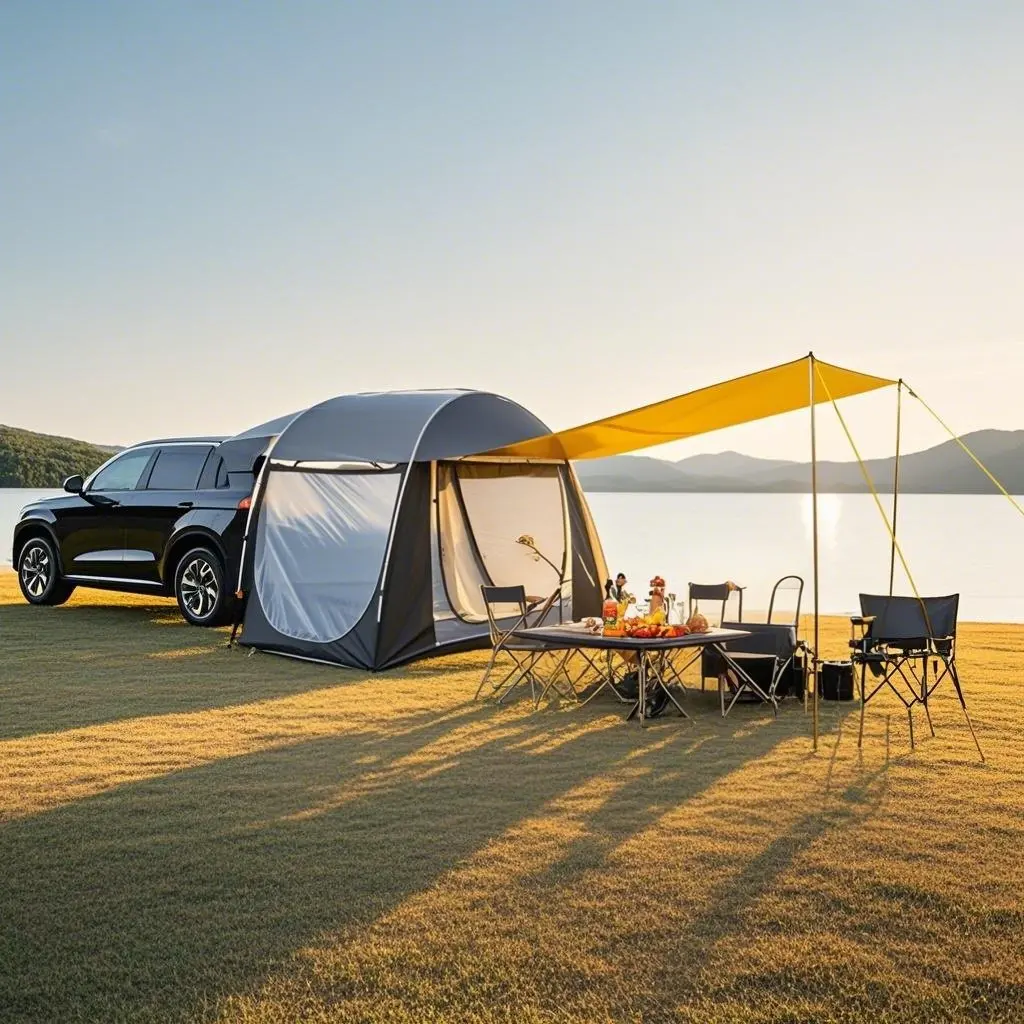 

4-in-1 Caravan Tent with PU4000 Waterproof 210D Silver Coated Oxford Fabric 3Mesh Doors + Extendable Awning for SUV/Tailgate