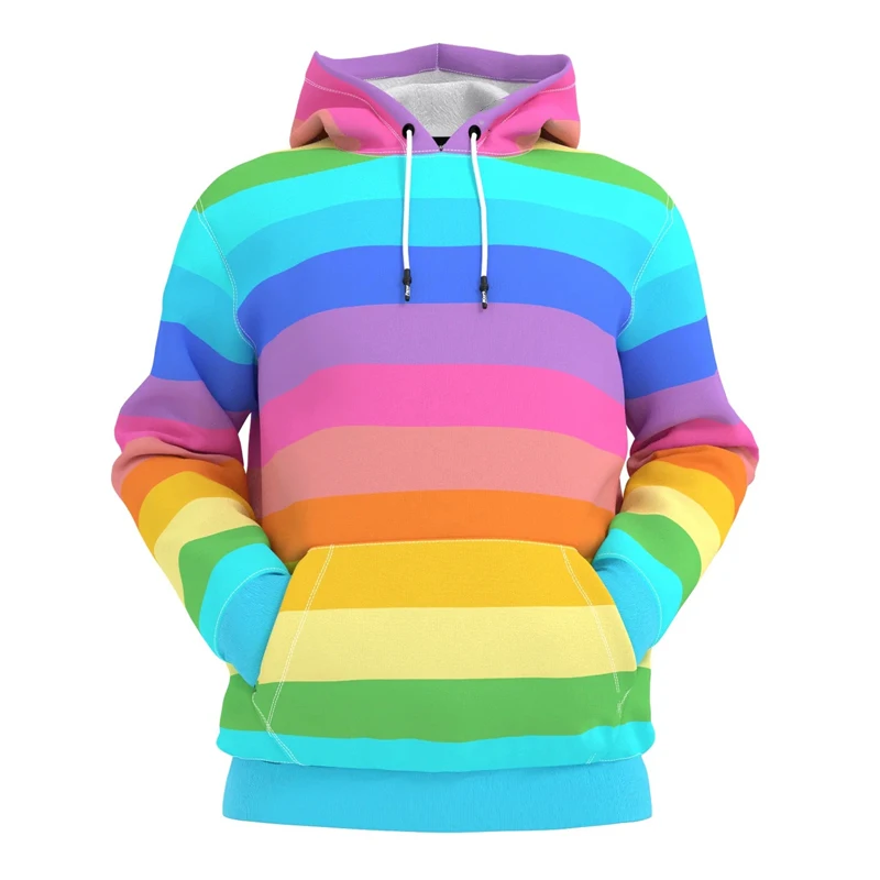 Colorful Rainbow Hoodie Men's Clothing Long Sleeves Pullover Sweatshirt 3D Printing Geometric Blocks Simple Casual Hoodies