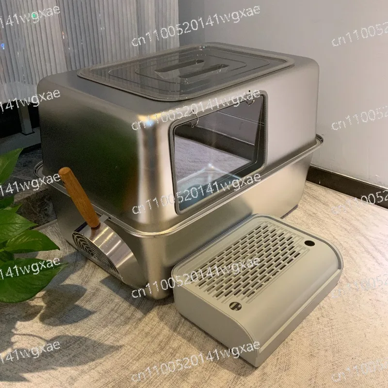Jumbo Stainless Steel Cat Litter Box Anti-Splash Ventilated Open Semi Enclosed Large Cat Toilet Pan