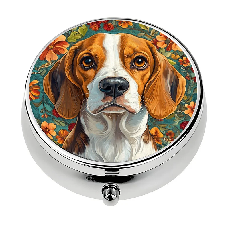 1 Beagle Dog and Floral Pill Box - 3-Compartment Metal Medicine Storage Box with Beagle Face Design, Portable Mini Pill Box for Travel, Cute Medicine Box, Ideal Gift for Pet Lovers (Beagle Theme)