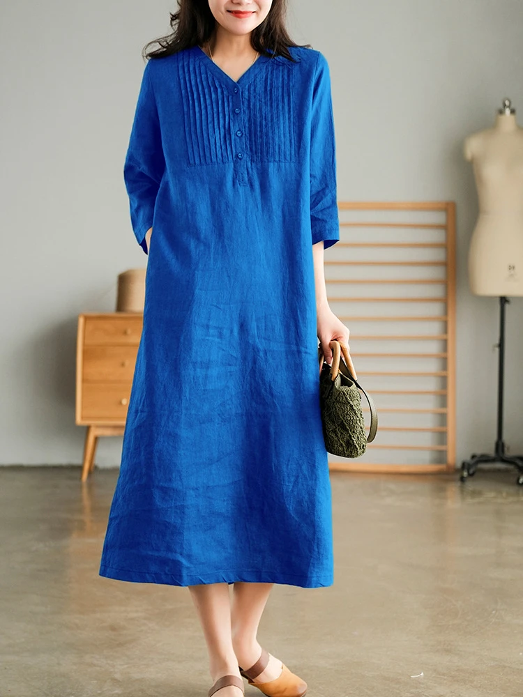 

Summer Women's Dress Fashion Literary Retro Pleated Linen Mid-sleeve Stand Collar Thin Section Solid Color Women's Dress