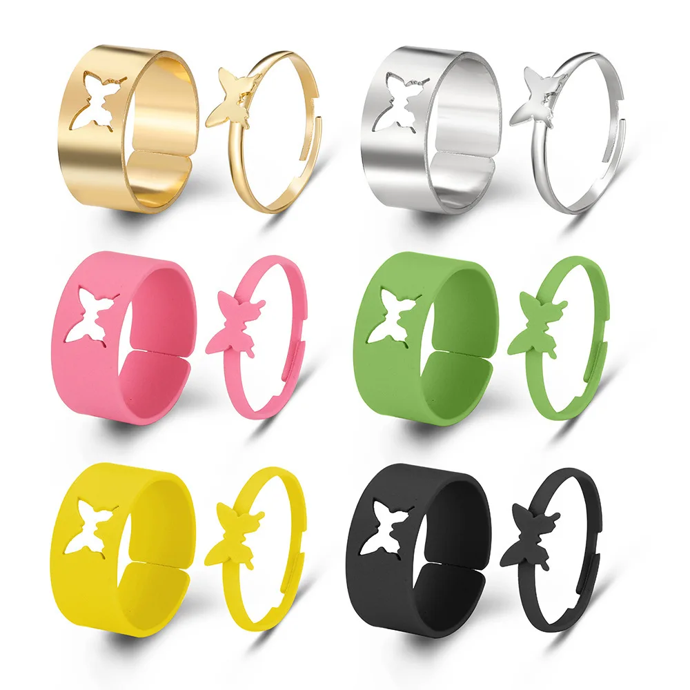 1Set New personalized, creative, fashionable and versatile butterfly spray painted hollow couple alloy ring set of 12 pieces