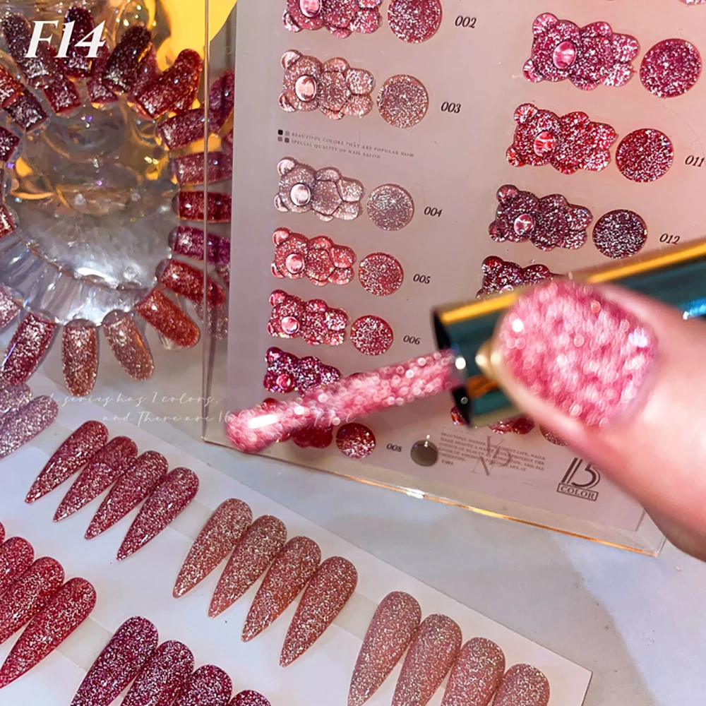 Vendeeni 15 Farben/Set Rosa Glitzernder Diamant-Gel-Nagellack Semi-Permanenter Glitzer UV LED Soak-Off Gel-Lack mit Display – Detail 7