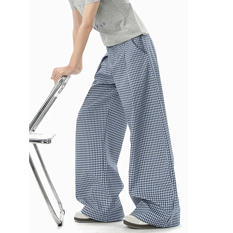 Man's Blue Baggy Wide Leg Sweatpants Oversize Plaid Pants Harajuku 2000s American Style Vintage Y2k Trouser Autumn 2026