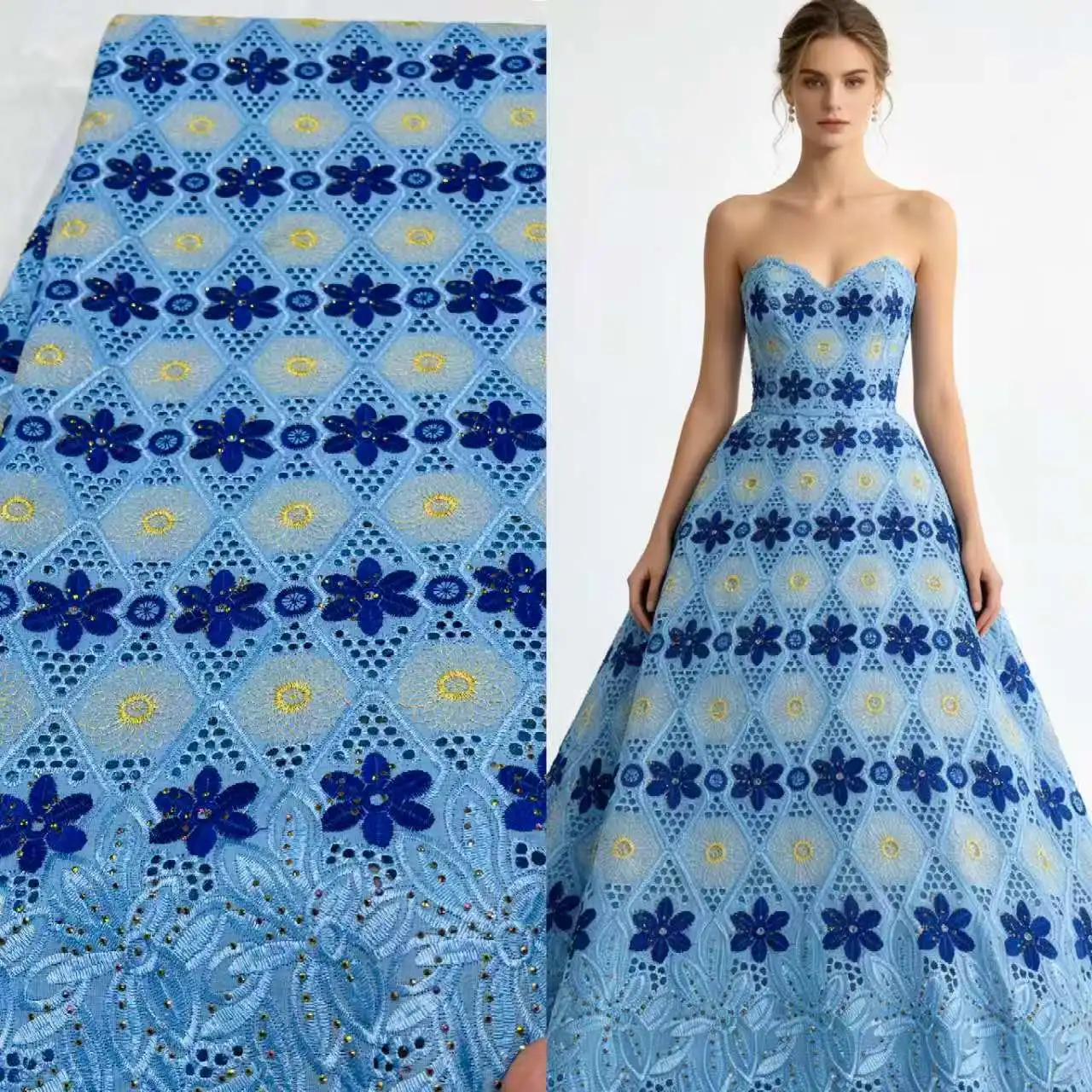 

2026 Heavy Embroidery Lace Fabric with Diamond Flower Pattern, High Quality African Swiss Voile Lace, Bridal Wedding Party Dres