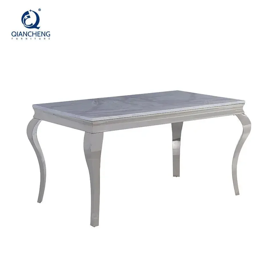 Marble dining table, modern Internet celebrity restaurant table and chairs rectangular stainless steel 10 people