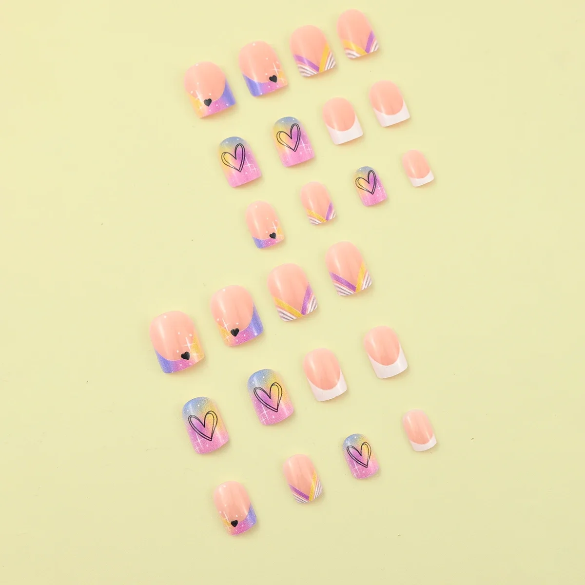 24 pieces of short square fake nails, featuring a halo dyed gradient heart and a colorful French design in European and American