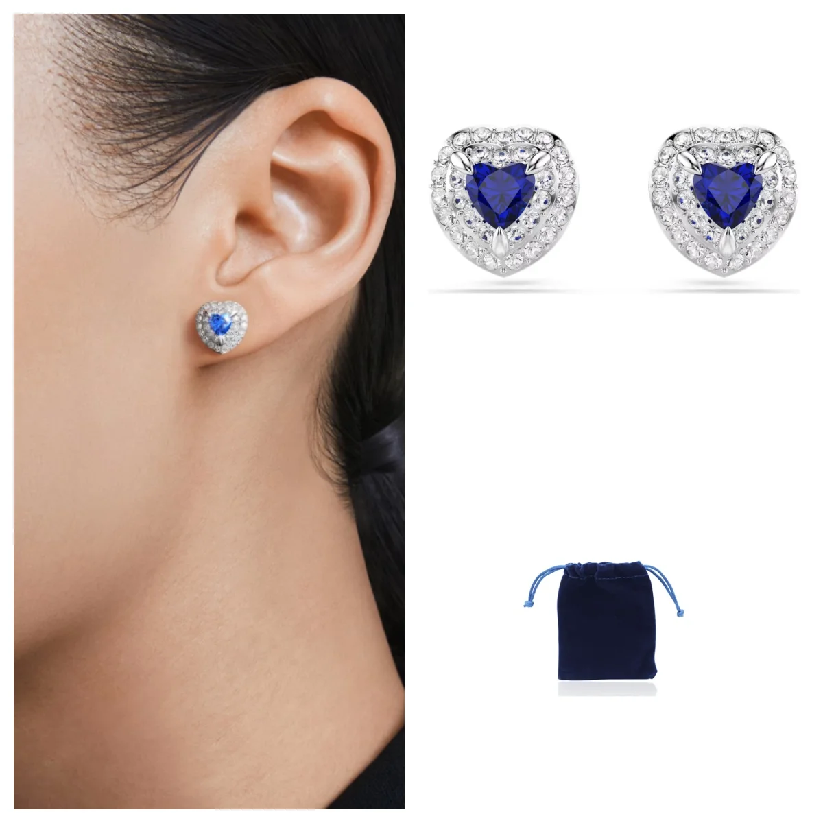 

One stud earrings Heart cut, Pavé, Heart, Blue, Rhodium plated