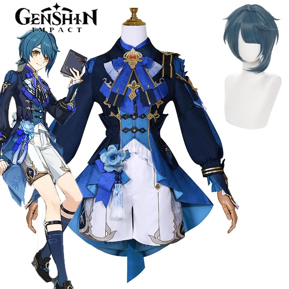 

Xingqiu Косплей Genshin Impact Xing Qiu Косплей Костюм Парик Фонарь Rite Платье Бамбуковый Дождь Xingqiu Новый Наряд Униформа Хэллоуина