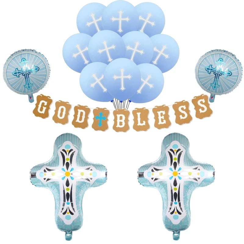 1 Juego de globos God Bless, globos cruzados de Jesús, decoración para Baby Shower para niños, fiesta de primera comunión, bautismo de Pascua, bautizo bifurcado