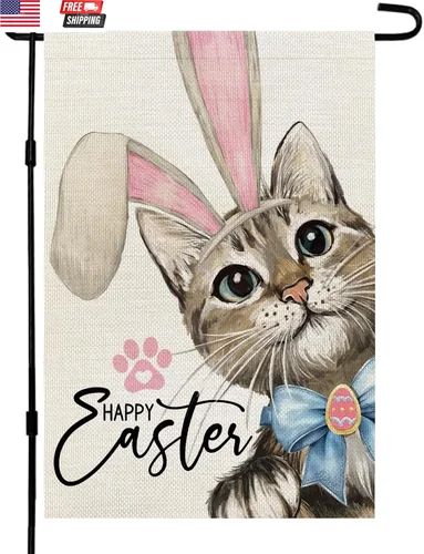 Happy Easter Cat Garden Flag 12X18 Inch Double Sided for outside Small Burlap Ra JJE DDI GGX