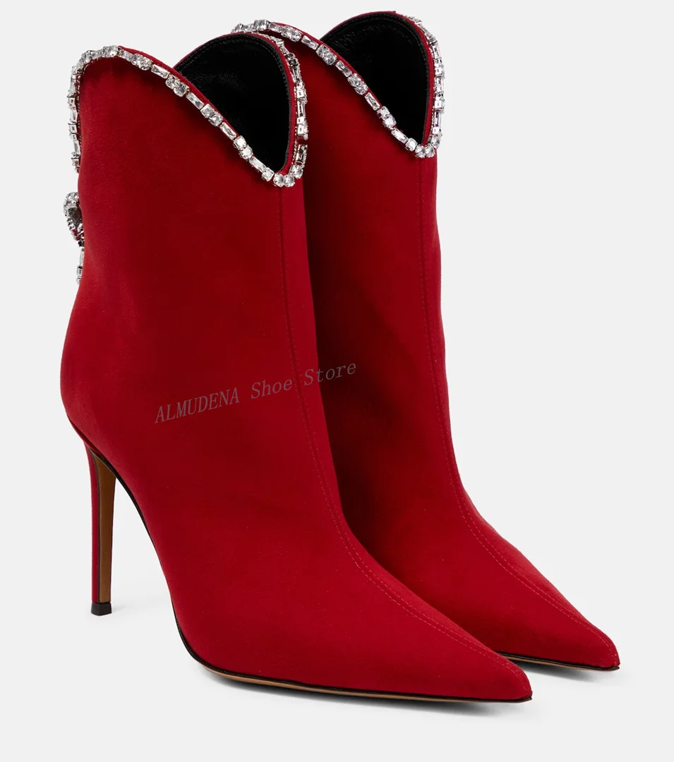 Embellished Suede Ankle Boots Red Crystal Sexy Pointed Toe Slip On Thin High Heel Runway 2024 Winter Women Shoes