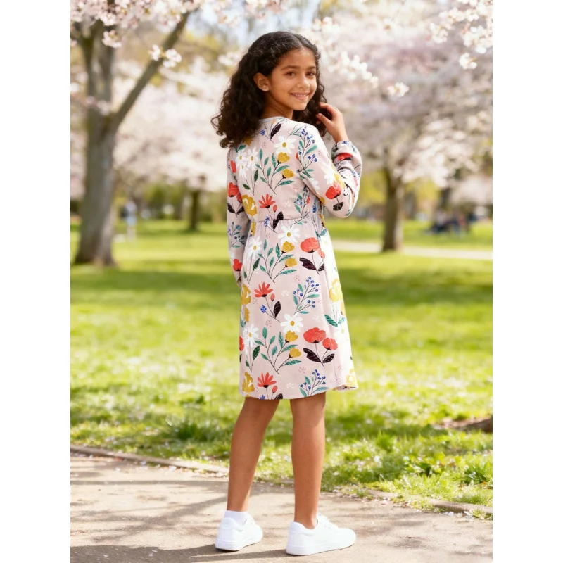 Girls' Small Floral Print Long-Sleeve Dress Casual Fashion Children's Clothing 2026 Trendy Outfit for Kids