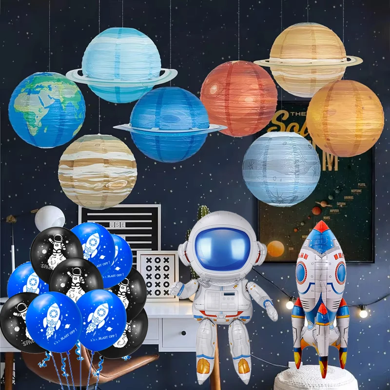 Tema dello spazio esterno stoviglie usa e getta 3D astronauta Rocket Foil Balloons Planet Lanterns For Boy Kids Birthday Party Decoration