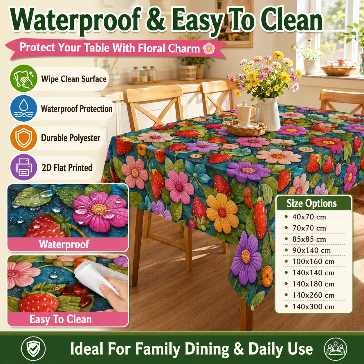 Waterproof Polyester Tablecloth 2D Flat Printed Vibrant Flower Strawberry Table Cover For Kitchen Picnic Party Home Decor