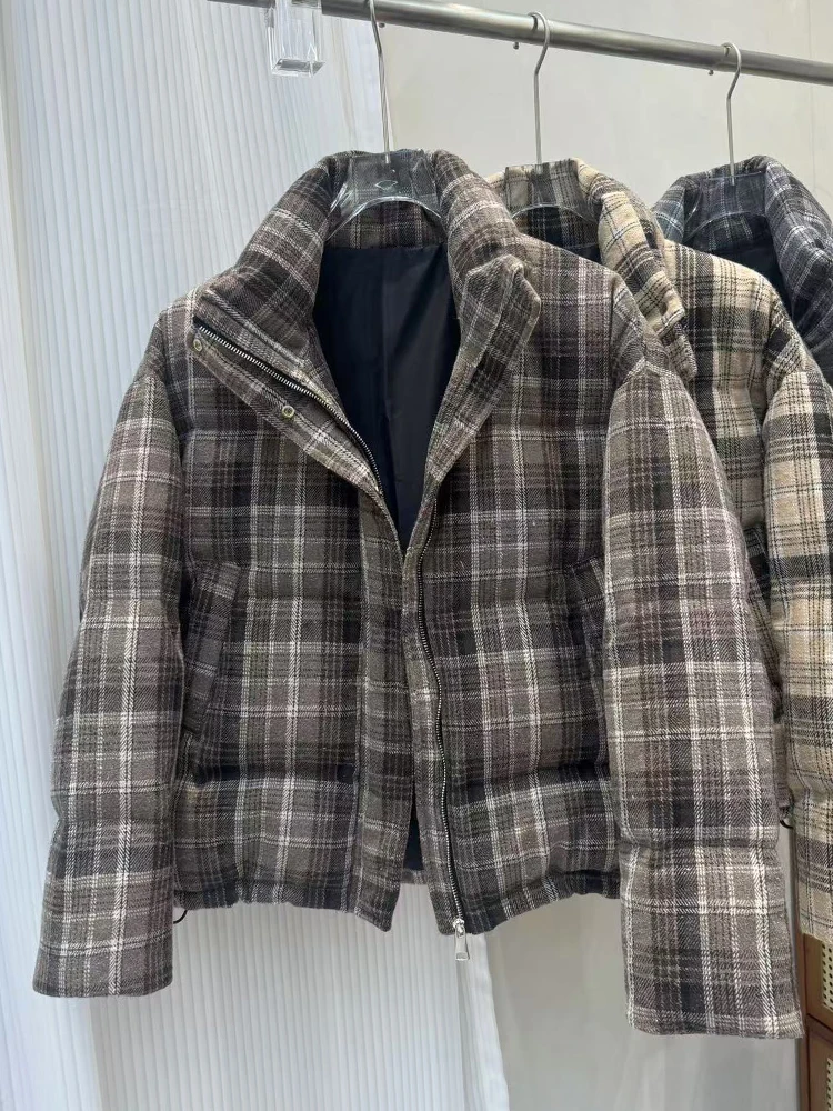 Korean version plaid stand up collar down jacket women loose and thick lazy retro style fashion white duck down jacket