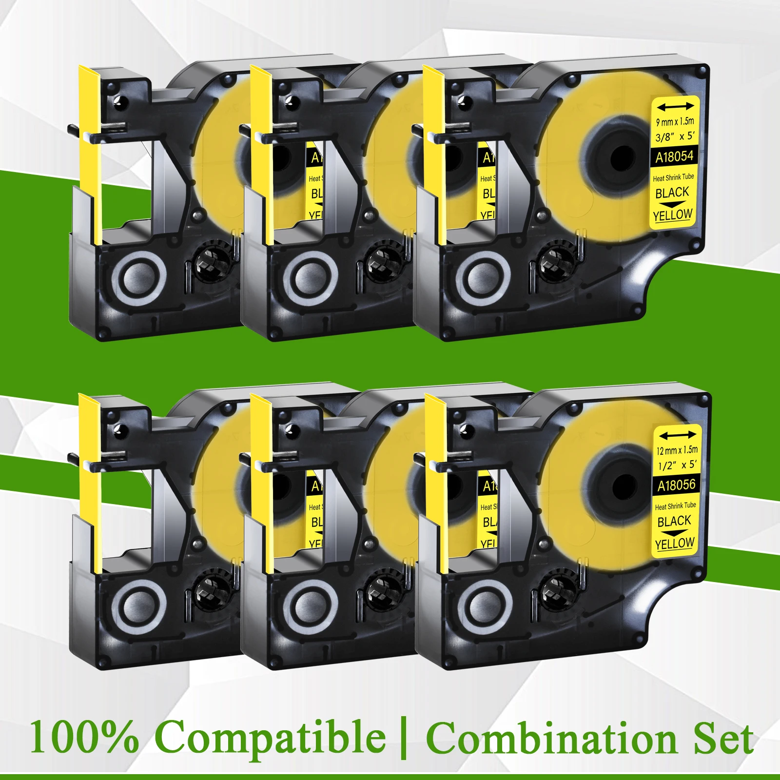 6PK Heat-Shrink Tubes Black on Yellow 12+19mm Compatible for Dymo Rhino 18054 18056 Label Tapes for 4200 5000 Label Printer