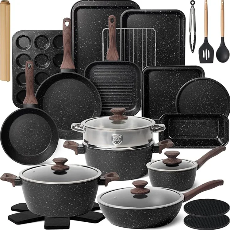 Black Heavy Duty Camping Cooking Sets Unique 31 Piece Aluminum Nonstick Kitchen Cookware Set