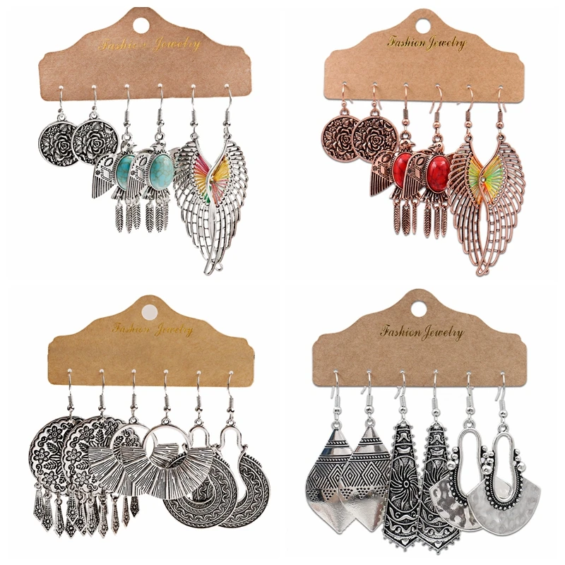 Bohemian Vintage Dangle Earring Set for Women Ethnic Tribal Hollow Wing Turquoises Bird Alloy Earrings Party Fashion Jewelry