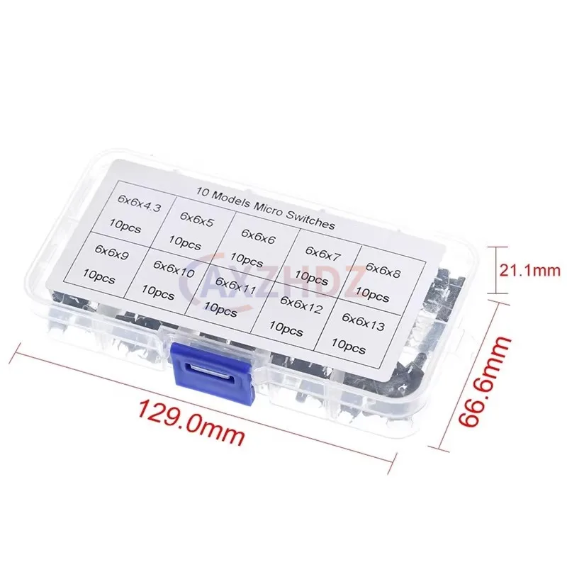 10 моделей 6*6 Высота: 4,3 5 ~ 13 мм Тактовый переключатель Комплект тактильных кнопочных переключателей DIP 4P микропереключатель 6x6x5 Ключевой переключатель для Arduino