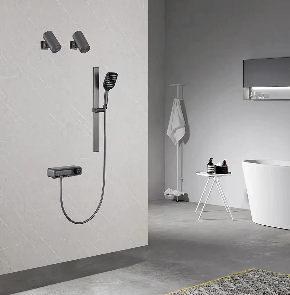 Rotating switch wall mounted concealed shower faucet intelligent control 3 sockets constant temperature brass shower set
