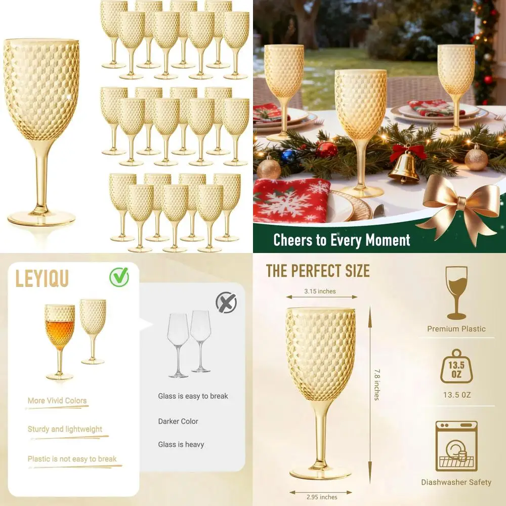 

Set of 24 Durable Gold Acrylic Wine Glasses, 13oz, Unbreakable Drinkware for Parties and Weddings
