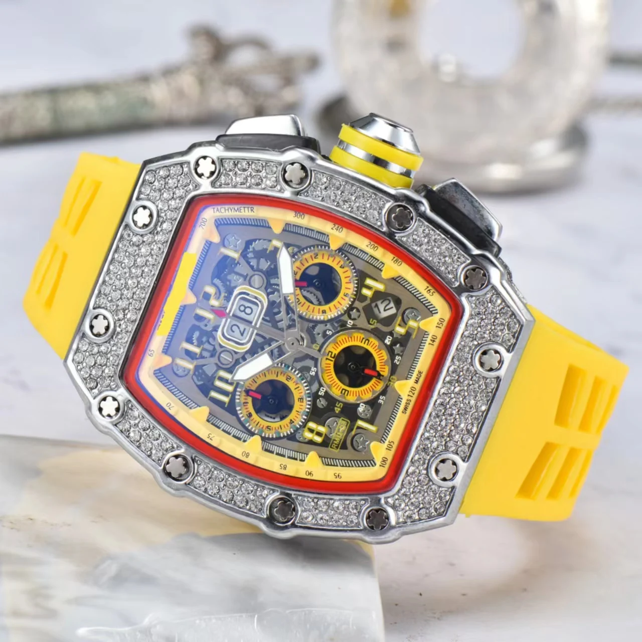 Fashion Luxury Waterproof diamond inlaid  silicone strap tonneau hollowed out Three-Eye Six-Pin Calendar Wristwatch Quartz Watch