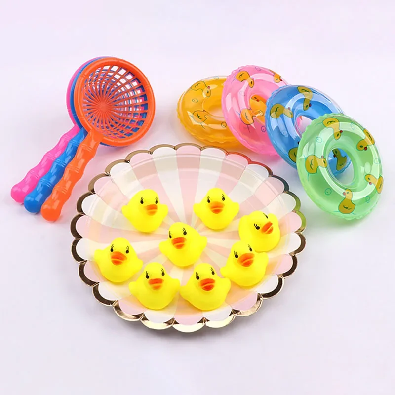 5Pcs/set Baby Bath Toy Kids Mini Floating Swimming Rings Rubber Yellow Ducks Fishing Net Washing Swimming Toddler Toys Water Fun