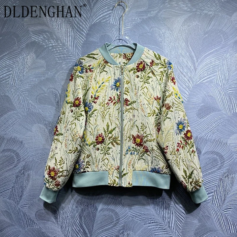 

DLDENGHAN Autumn Jacket Women's O-Neck Long Sleeves Crystal Beading Pockets Streetwear Jacquard Coat Fashion Designer