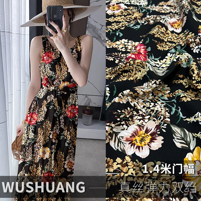 

Ткань из черного шелка с золотым цветочным принтом, эластичный креп-де-шин из тутового шелка для платьев и блузок