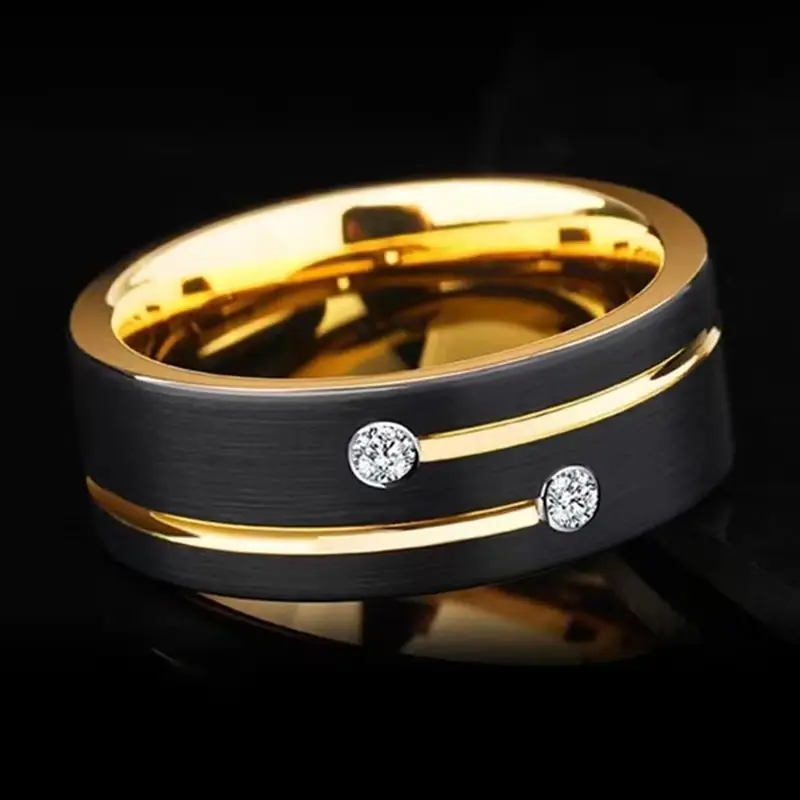 Anillo de Lujo para Hombre de Acero Inoxidable Negro de 8 mm con Cristal, Color Dorado, para Boda, Compromiso, Fiesta, Regalo de Joyería
