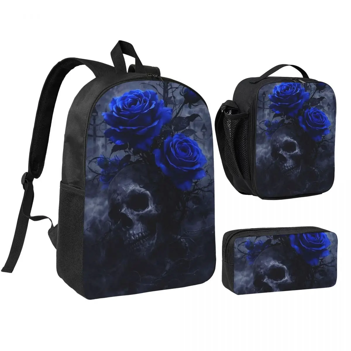 Gothic Skull And Bule Roses Backpack Boys Girls BookBag School Bag Shoulder Bags 3ps Insulated Lunch Bag Pencil Case