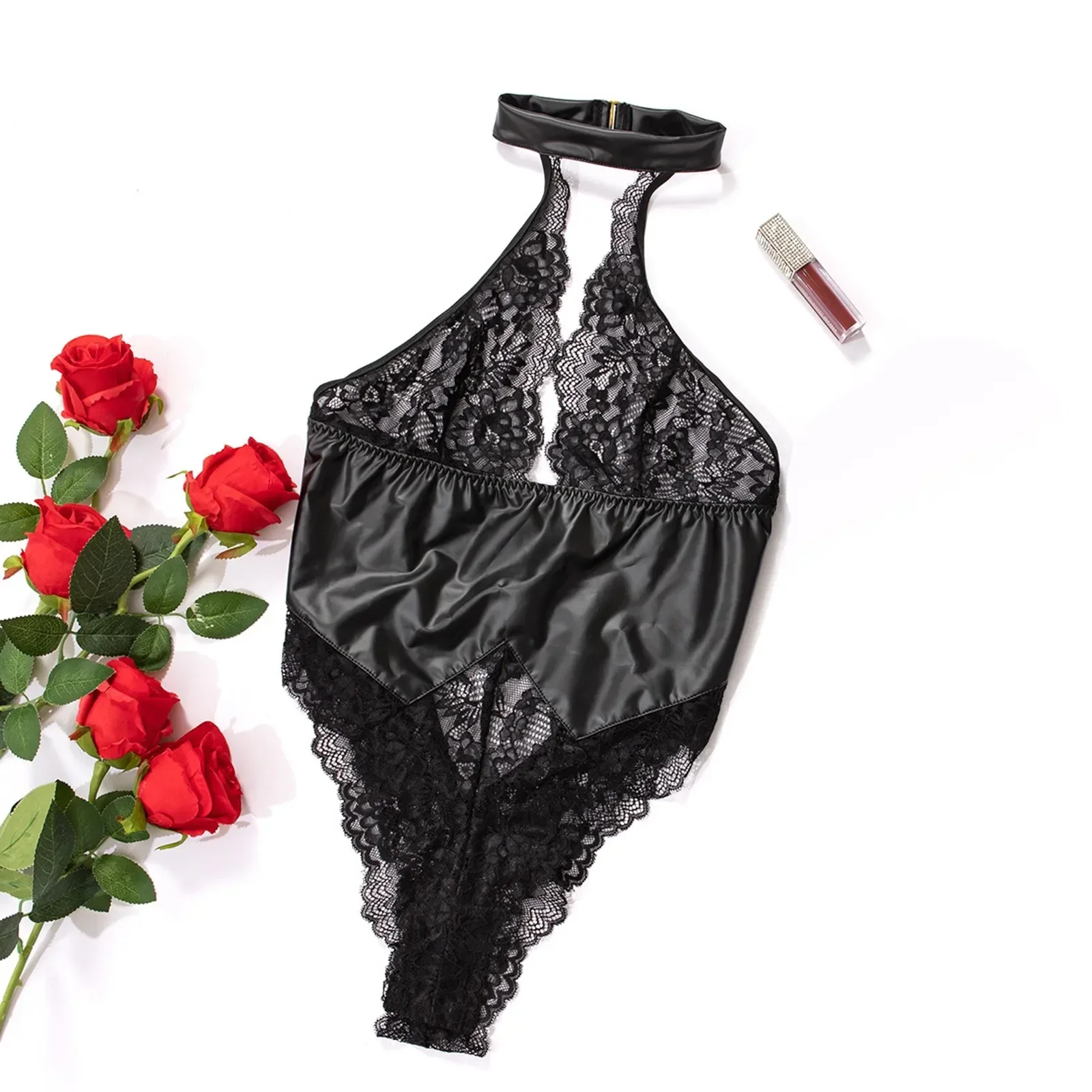 Body de cuero de látex PU porno para mujer, lencería Sexy, ropa interior con cuello Halter, traje de cuerpo de encaje, picardías, disfraz de peluches