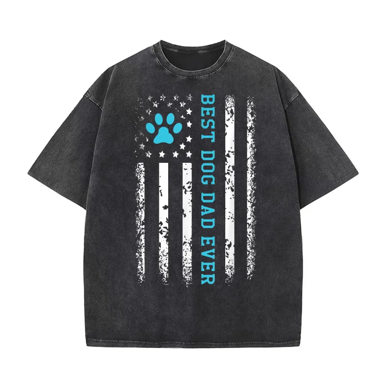 

USA Flag Best Dog Dad Ever American Puppy Lover Paw Pure Cotton T-shirt Men Oversized Art Graphic Clothing Printed