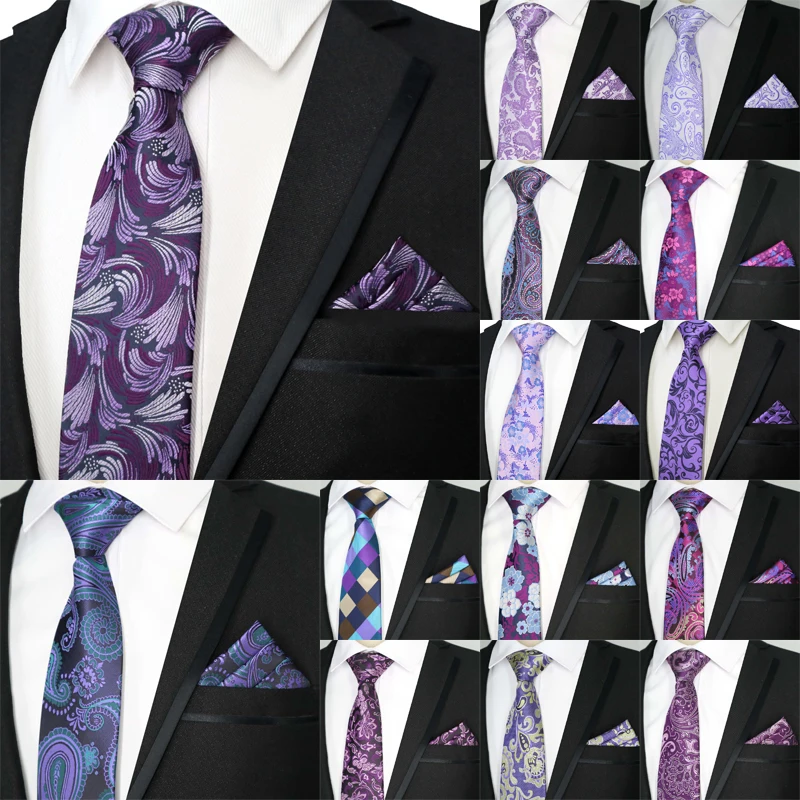 Newest Tie Set 8CM Mens Necktie Neck Ties Sets For Man Floral Dot Stripes Purple Color Jacquard Cravat Tie Business Party