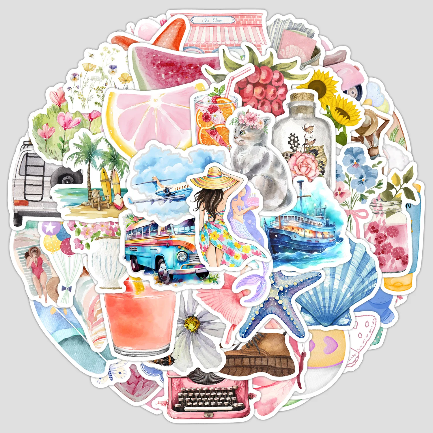 

50PCS Watercolor Diary Graffiti Stickers INS Style Cartoon Decals Creative Decorative Luggage Phone Case Diary Desk Stickers