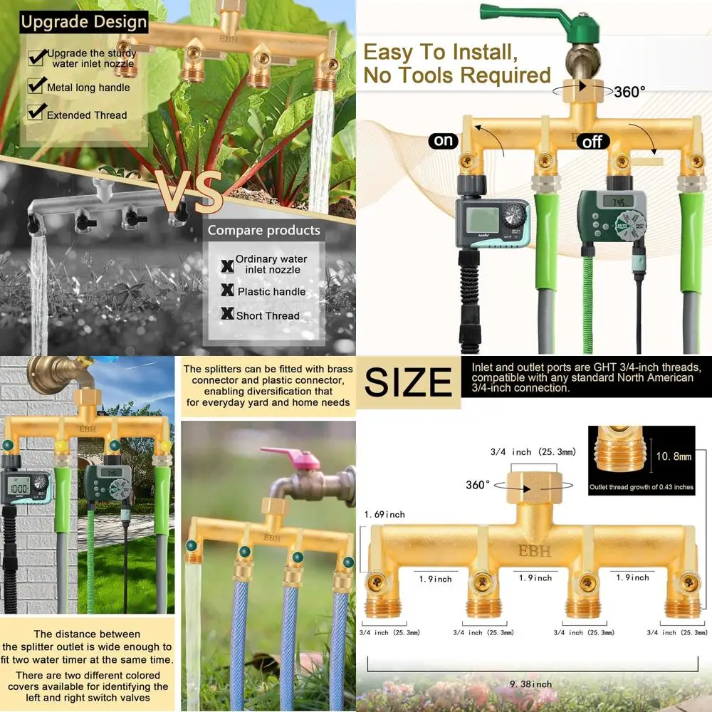 

4-Way Brass Outdoor Hose Splitter, Heavy Duty with Metal Handle, Individual Valves, 3/4 GHT Threads