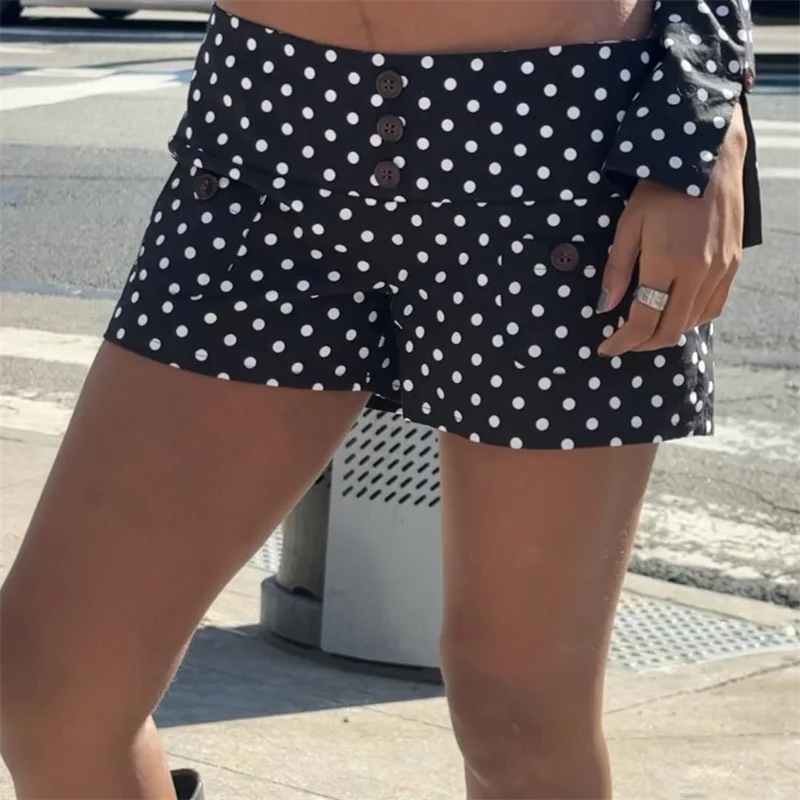 Women Elastic Waist Shorts Casual Summer Y2K Polka Dot Low Rise Shorts with Front Button Daily Wear Hot Days