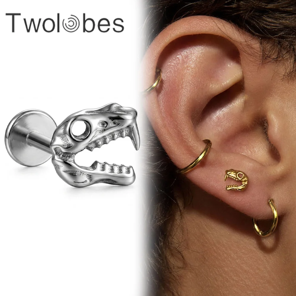 Twolobes 1PC ASTM F136 Titanium Flat Back Studs Dinosaur Skul Internally Threaded Labret Lip Piercing Helix Tragus Conch Jewelry