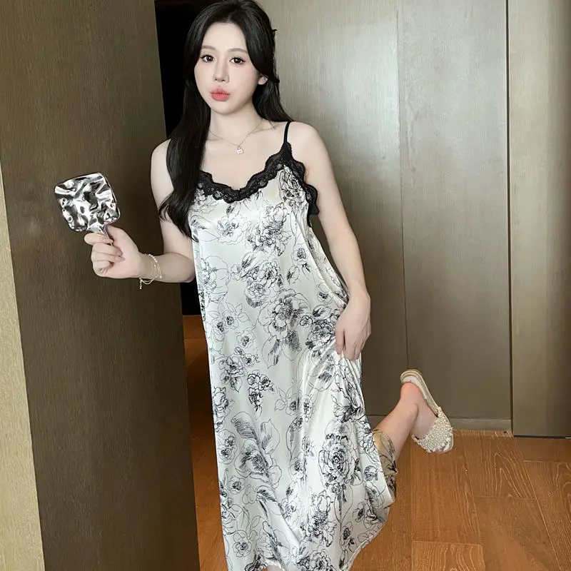 Ice Silk Suspender Skirt Lace Edge Women's Pajamas Summer Thin Ice Snow Silk Sexy Sleepwear Female Sweet Leisure Sleepshirts