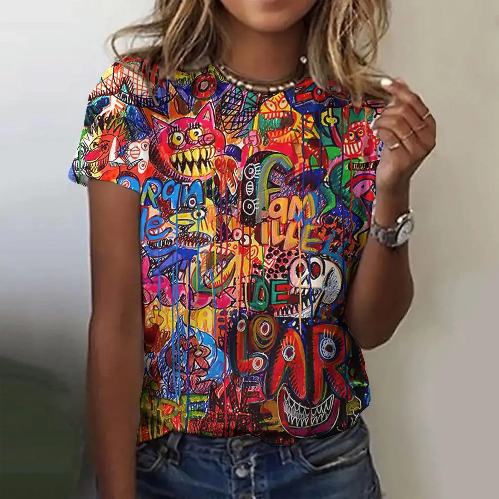 Graffiti Kleurblok 3D Print T-shirts Vrouwen Casual Korte Mouw Ronde Hals T-shirt Zomer Harajuku Top Y2k Tees Vrouwelijke kleding