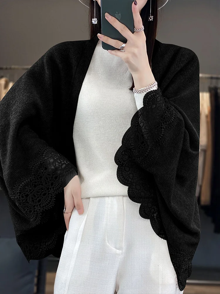 Cárdigan elegante de lana merina para mujer, abrigo suave de estilo coreano, chales, Tops a la moda, 2024, novedad de primavera, 100%